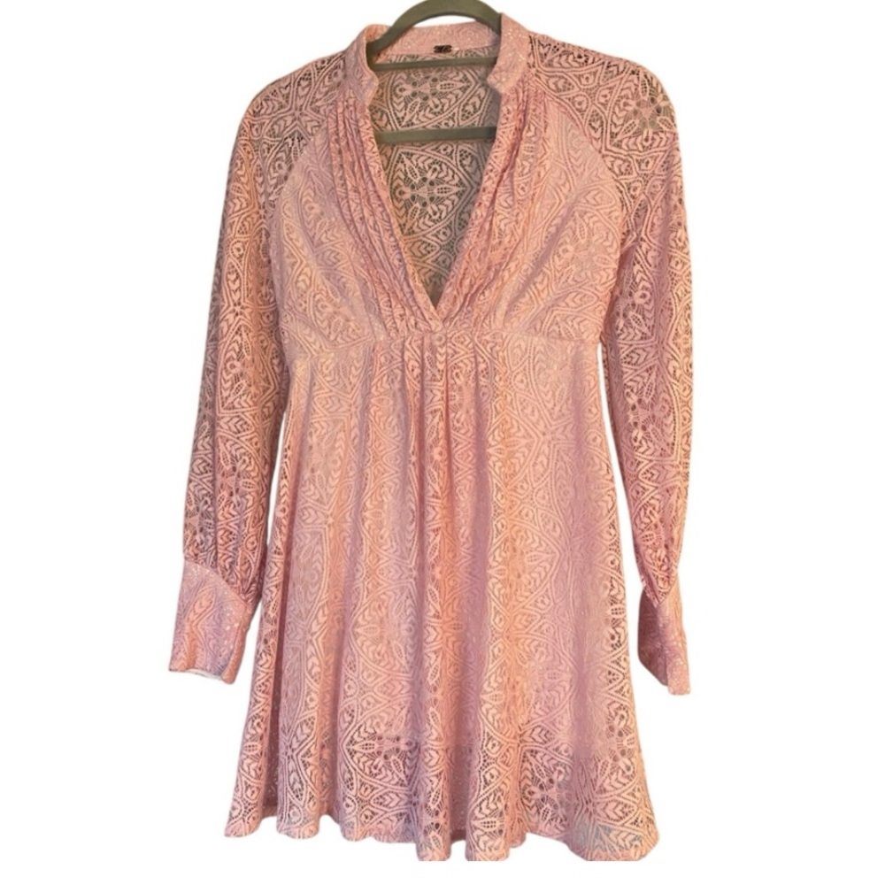 Free People Pink Lace Mini Dress Long Sleeve Boho Fit & Flare Size 2